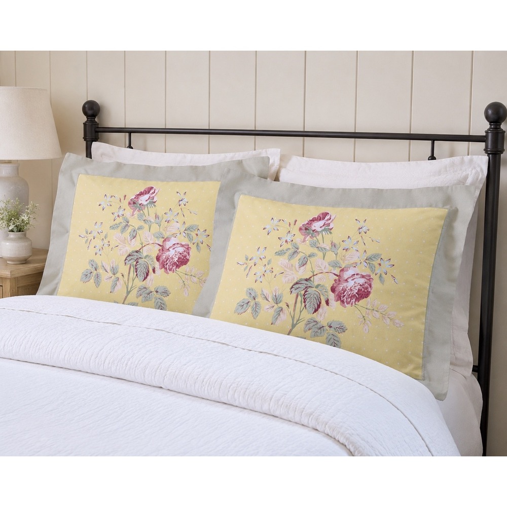 Pair Cottage Floral Full Size Pillow Shams Yellow Rose Sage Green Traditional